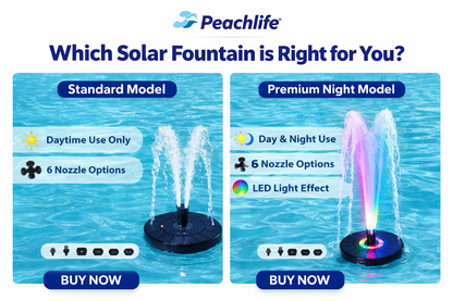 Peachlife™ Solar Fountain with 6 Nozzles – Solar Powered, Rechargeable Battery, LED Option